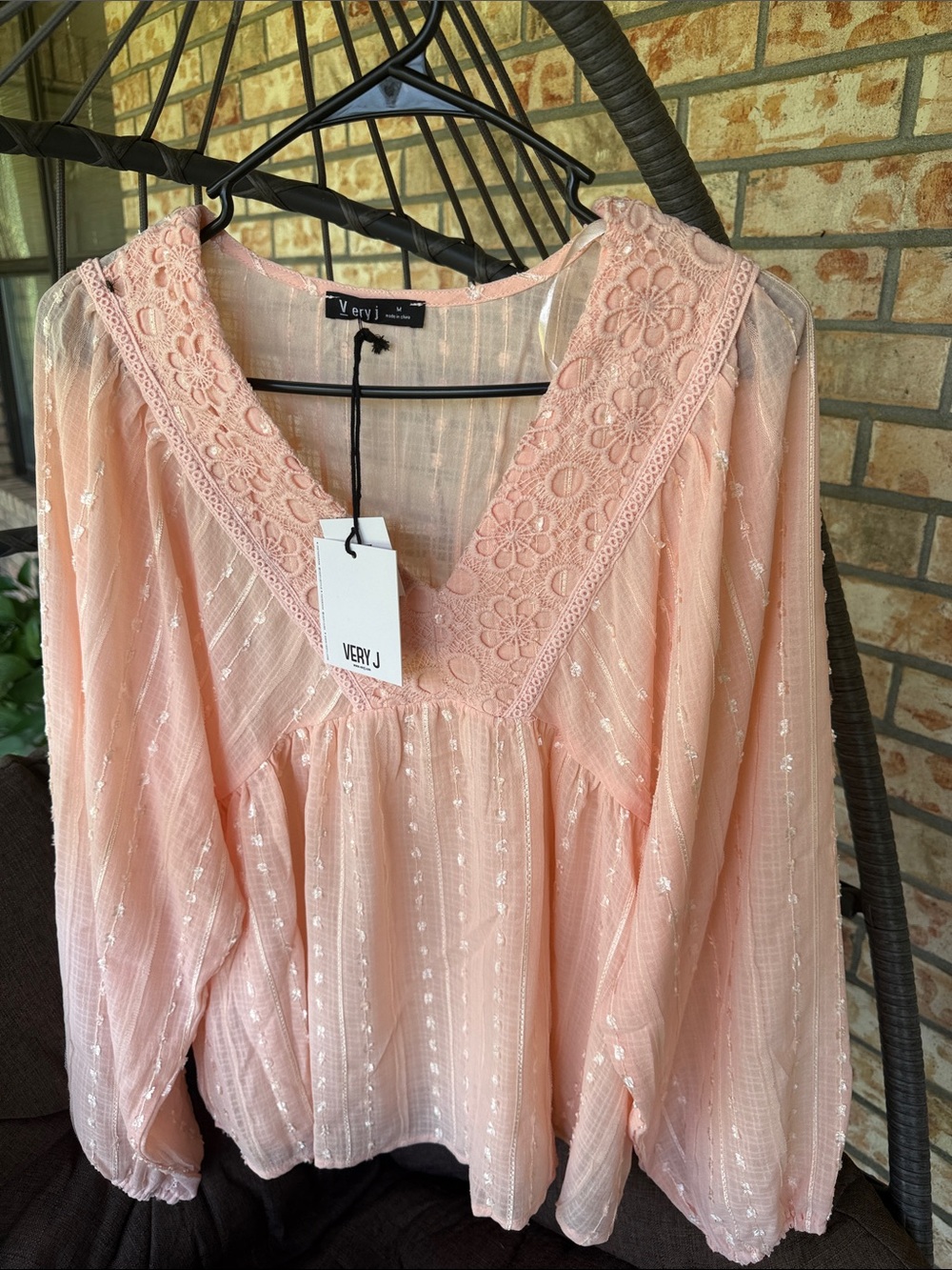 Very J Soft Blush Pink Lace-Trim V-Neck Peasant Top